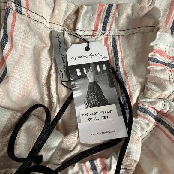 Cynthia Ashby Baggie Stripe Linen Pants Coral Size 1 Elastic Waist Relaxed New - Picture 4 of 11